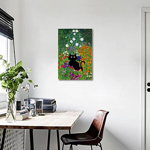 גינה כפרית עם בד פרחים הדפס של גוסטב קלימט ציורי שמן חתול שחור רבייה אמנות קיר לקישוטי משרד ביתי 16 x24 לא ממוסגר