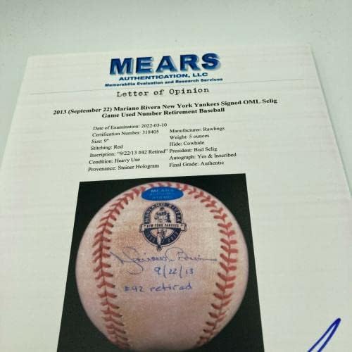יום חתימה של מריאנו ריברה ההיסטורי משומש בייסבול Mears & Steiner COA - משחק חתימה MLB משומש בייסבול