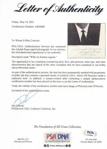 Adolph Rupp חתמה על חתימה 8x10 צילום קנטאקי Wildcats PSA/DNA AK00082 - תמונות מכללות עם חתימה