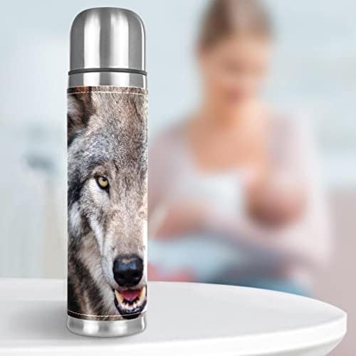 זאב בעלי חיים ואקום מבודד בקבוקי תרמוס נירוסטה 16oz, הוכחת דליפה לשימוש חוזר בקבוק מים ללא BPA עם מכסה כוס, שמר על חם או קר
