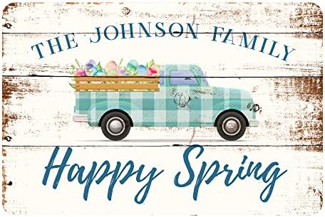 דפוס פופ - שלט קיר באביב המותאם אישית - עיצוב הבית העונתי באביב - שלט מתכת בהתאמה אישית עבורך - וינטג 'משאית פסחא של אביב שמח 8 x 12
