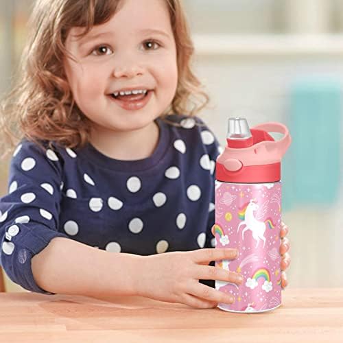 Goodold Unicorn קשת בקבוק מים ורוד ילדים, בקבוק מים מבודד נירוסטה בקבוקי מים עם מכסה קש, 12 גרם תרמוס פה ברווז נטול דליפה ללא BPA לבנות