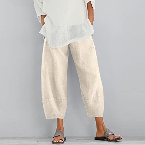 כותנה פשתן קאפרי מכנסיים נשים לנשים קיץ מקרית קאפרי מכנסיים עם כיסים רופף מתאים בוהו קומפי חוף מכנסיים