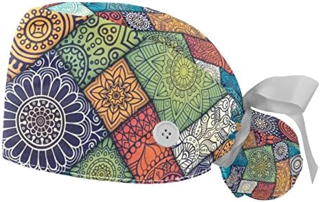 2 חבילות כובע עבודה של נשים עם כפתורים סרט קושרים גב צבעוני צבעוני אלכסוני פרחוני דפוס שיער ארוך