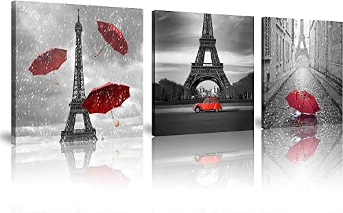 NAN WIND 3 PCS אדום פריז קיר אמנות בד הדפסים שחור ולבן עם מטרייה אדומה איפל מגדל עיצוב קיר אדום קיר ארט פריז קיר ציורי צילום נמתחים וממוסגרים