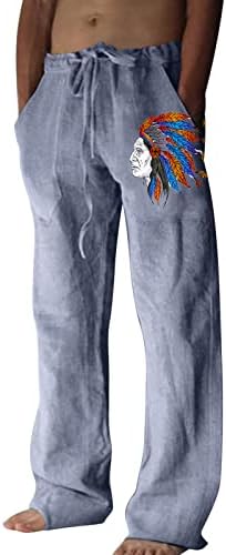 מכנסי פשתן לגברים מכנסיים מזדמנים 3D מודפסים מכנסי רץ לאופנה כושר רופף עם כיסים מכנסיים המותניים אלסטיים ברגליים ישר מכנסיים