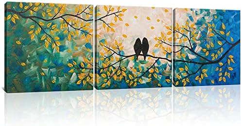DEKHOME 3 ציפורים חתיכות קיר קיר קיר אמנות אוהבות ציפורים על ענף העץ ציור ציור יצירות אמנות ירוקות וצהובות נמתחות ומוסגרות מוכנות לתלייה