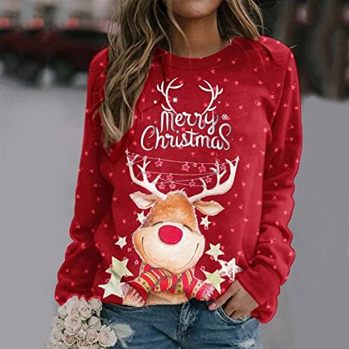 סוודרים של חג המולד האדום לנשים איילים חמודים הדפס צווארון צווארון שרוול ארוך