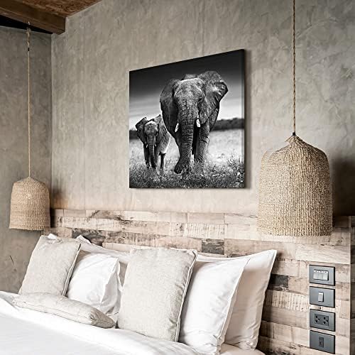 פילים קנבס קיר אמנות: תפאורה לבנה שחורה אפריקאית דיוקן חיות בר ציור יצירות אמנות אפור לחדר שינה בסלון 36 x36
